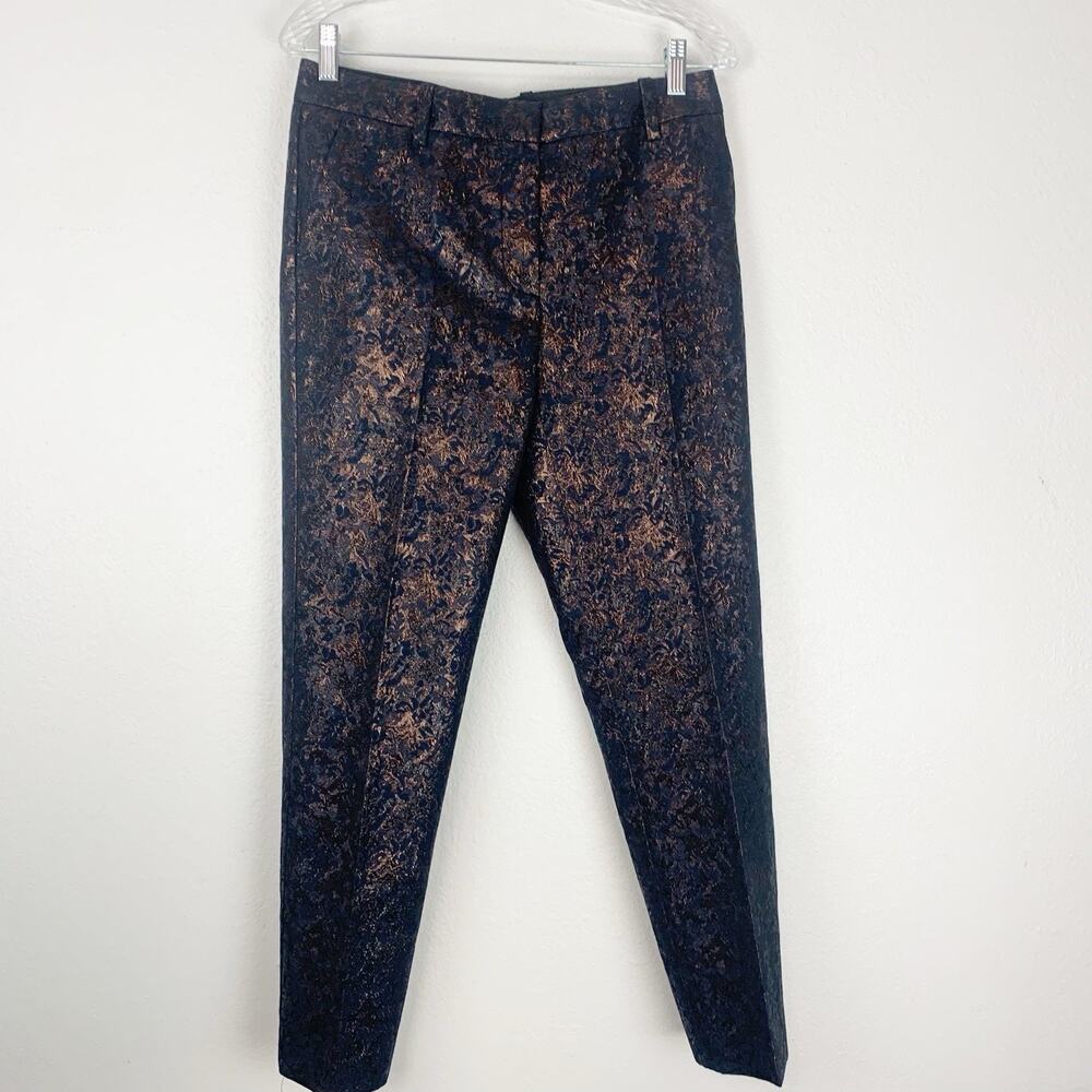 3.1 Phillip Lim Pants Women 4 Navy Copper Metallic Jacquard Shiny Tapered Ladies